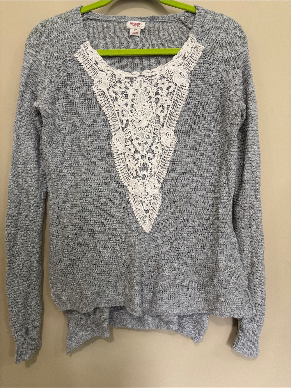 Mossimo Supply Co. Gray Sweater with White Crochet V-Inset